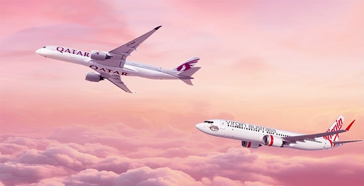 Virgin Australia and Qatar Airways aircraft flying above clouds