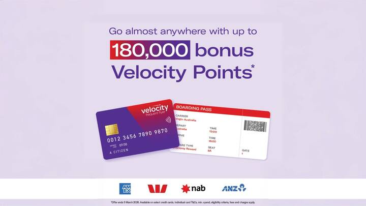 A promotional graphic for Velocity Frequent Flyer featuring a purple credit card and a Virgin Australia boarding pass against a light purple background. Large text reads "Go almost anywhere with up to 180,000 bonus Velocity Points". The bottom of the image displays logos for American Express, Westpac, NAB, and ANZ, along with fine print stating the offer ends 5 March 2026.*