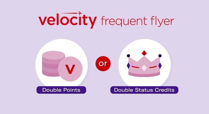Velocity Frequent Flyer promotion offering a choice between Double Points or Double Status Credits, illustrated with coin and crown icons.