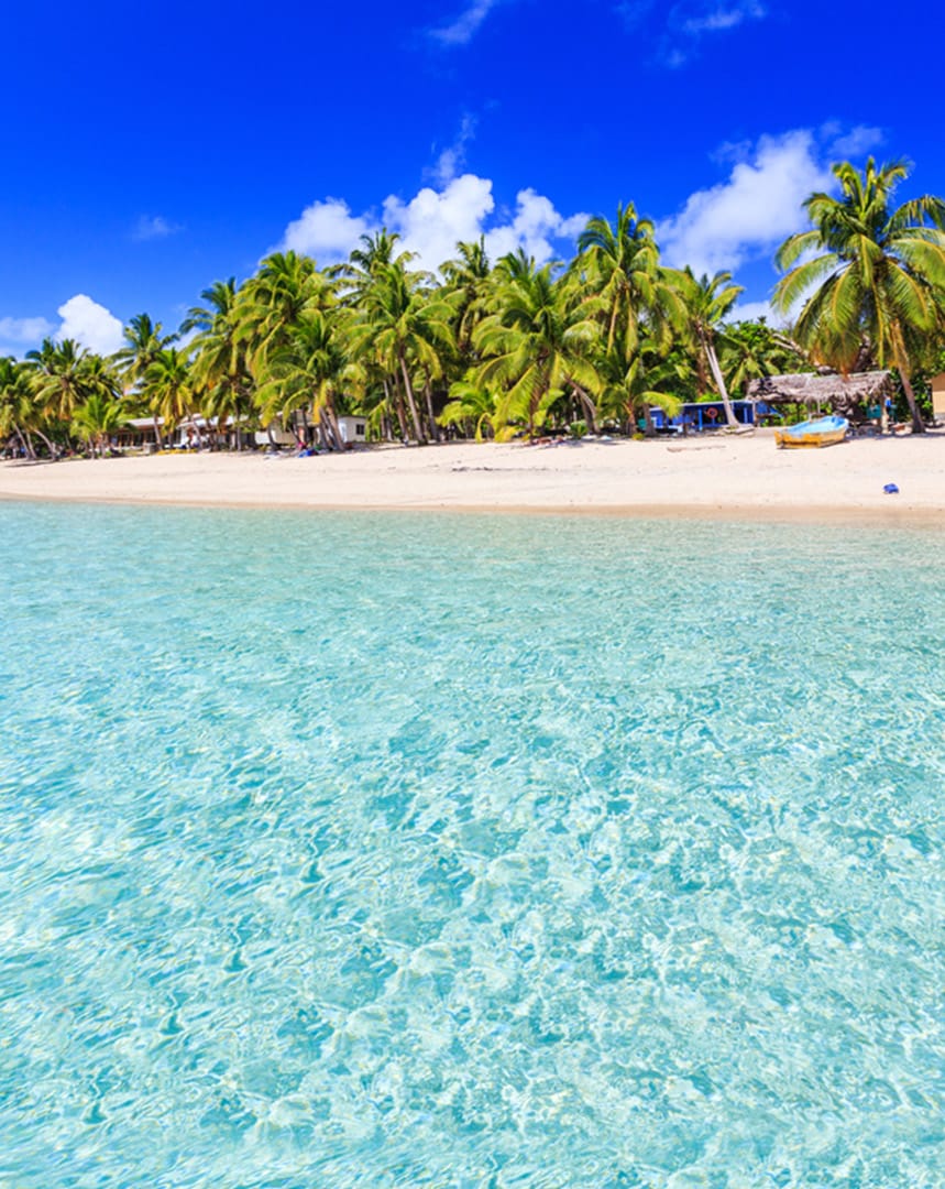Clear blue waters and palm trees of Fiji. Flights to Fiji.